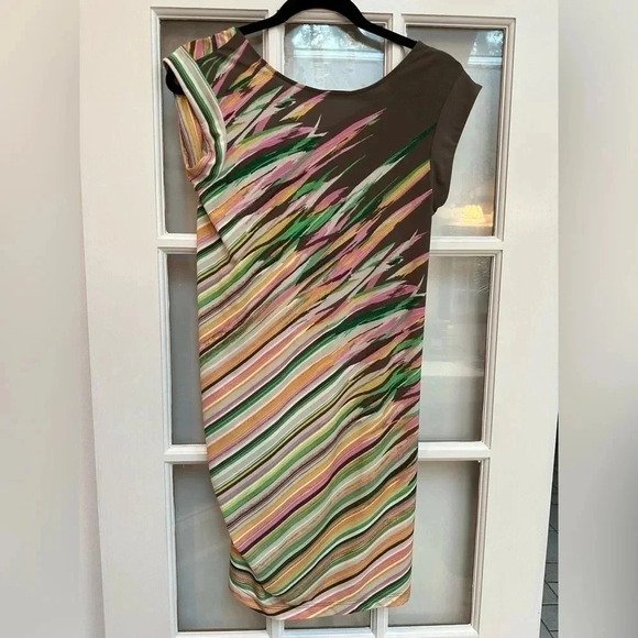 BCBGMAXAZRIA | Women's Size S Small  Dress Stripe Print Ruched Side Brown Multi - Picture 3 of 10